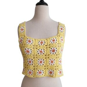 Altar'd State Yellow Daisy Crochet Granny Square Crop Top Tank Small Festival
